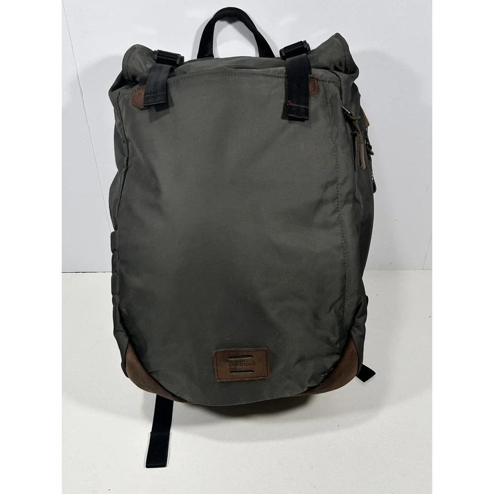 Timbuk2 Roll Top Backpack Olive Green Nylon Brown Leather Trim Laptop Sleeve